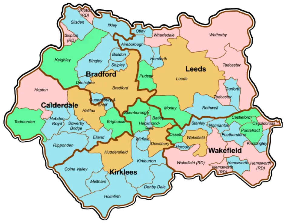 Map of areas covered by Chevin Electrical Contractors in West Yorkshire